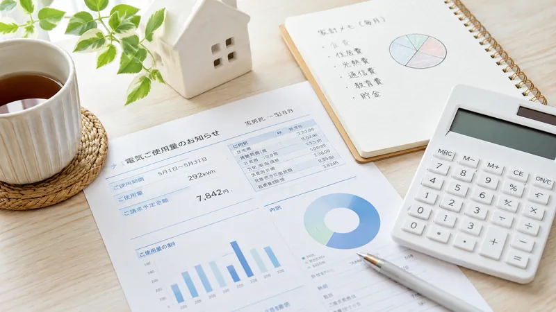 電気料金の明細と電卓のイメージ