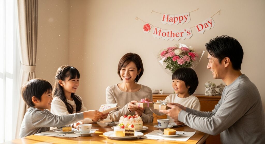 母の日に家族で笑顔になる温かい家庭のイメージ