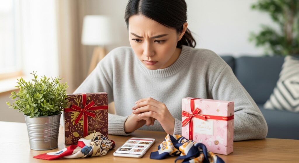 母の日ギフトを比較して選んでいる女性のイメージ