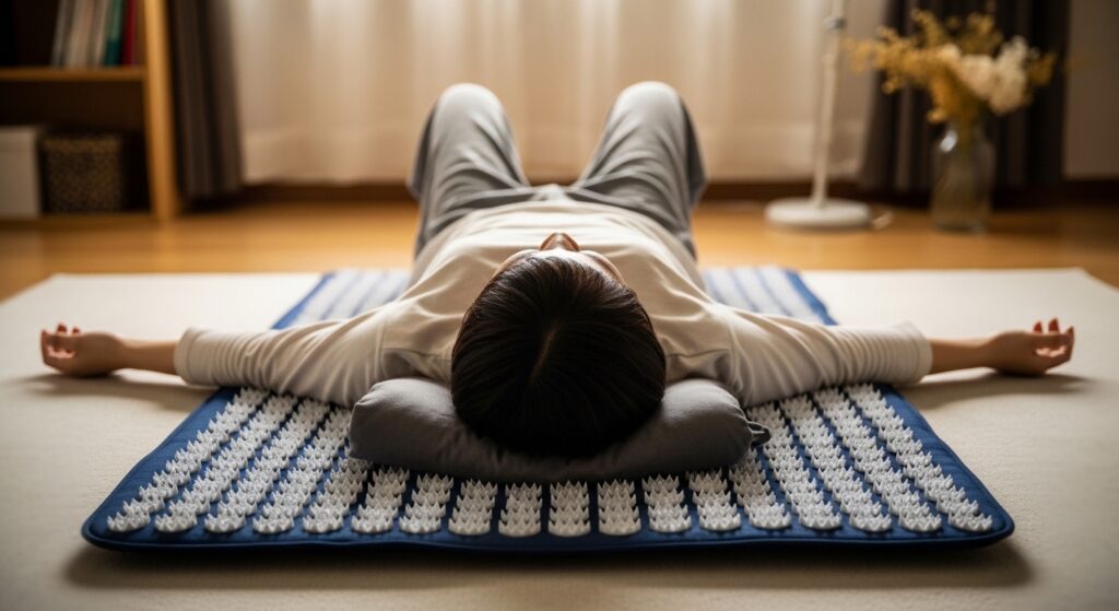 背中にシャクティマットを当てて寝る使い方のイメージ