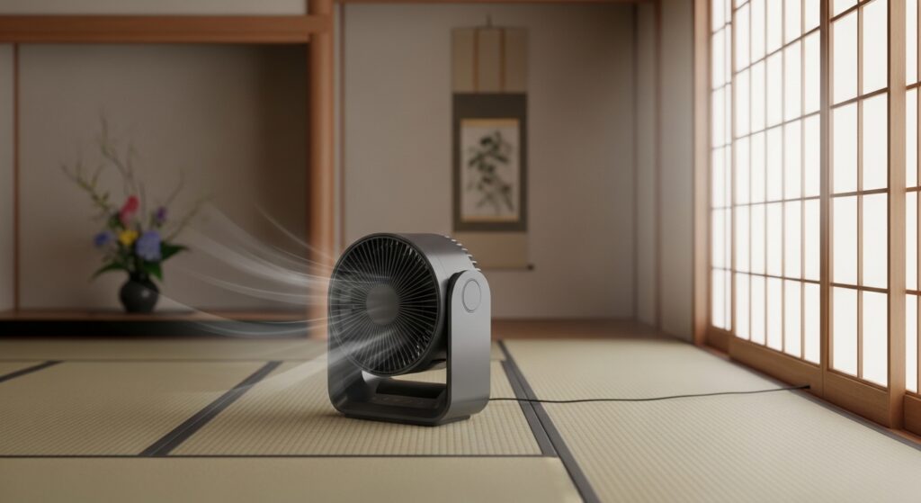 サーキュレーターを使ってエアコン効率を高め節電するイメージ