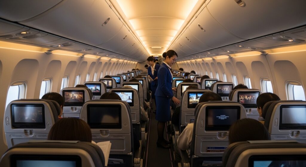 飛行機の機内で座席に座っている乗客の様子のイメージ
