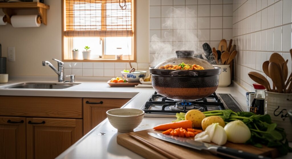 保温調理で光熱費を抑えながら料理している家庭のイメージ