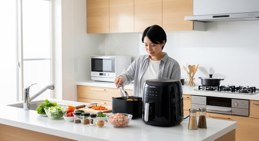 ノンフライヤーで調理する日本人のキッチンシーン