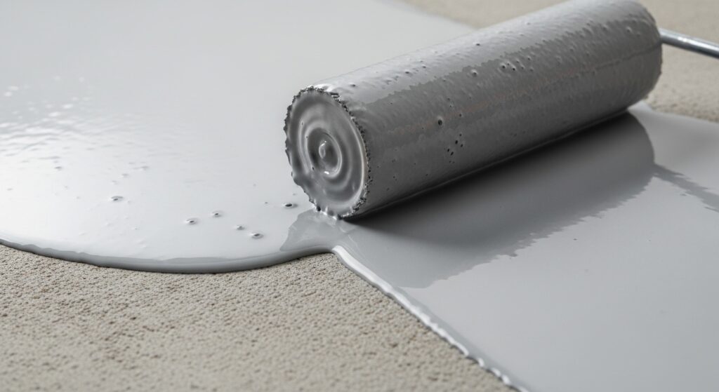 ウレタン防水をローラーで施工している様子