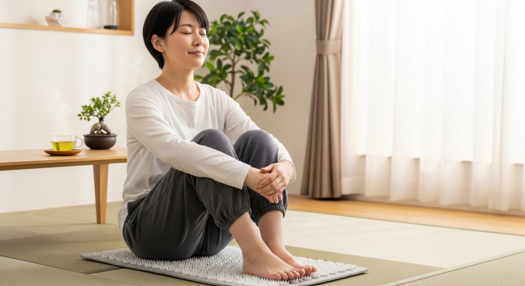 シャクティマットで足裏を刺激する使い方のイメージ