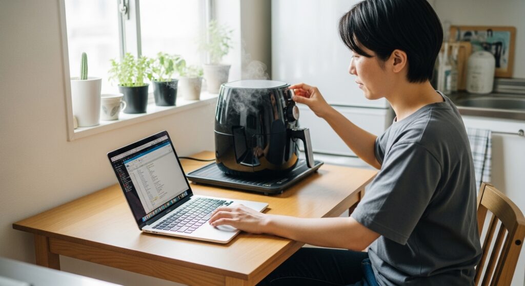 在宅ワークをしながらノンフライヤーで調理する生活イメージ