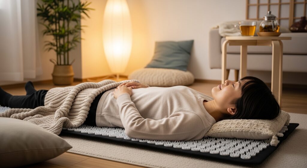 シャクティマット使用後に休んでいる日本人のイメージ