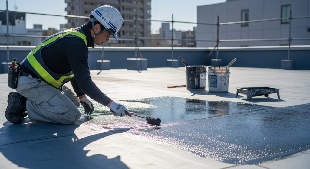 屋上で防水工事を行う職人の作業イメージ