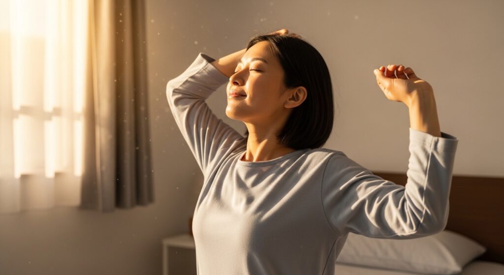 リカバリーウェアで朝すっきり目覚める健康的な生活イメージ