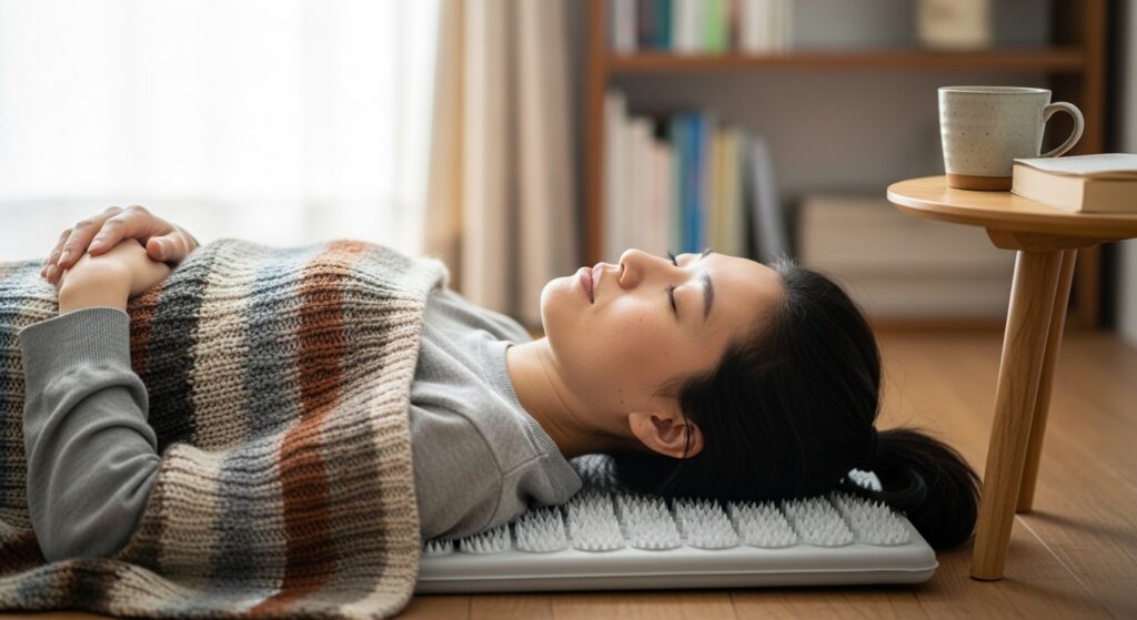 シャクティマット使用後に休んでいる日本人のイメージ