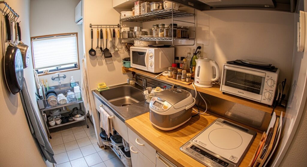 キッチンに家電が多くスペースに悩む日本の家庭のイメージ