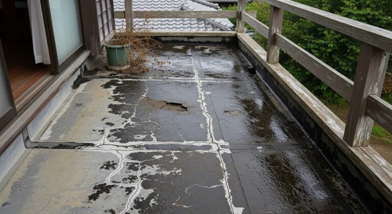 ベランダの防水層がひび割れて劣化している状態のイメージ