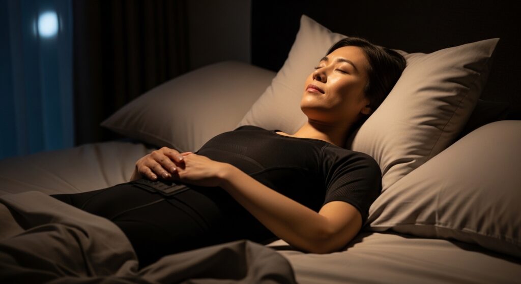 ReFaリカバリーウェアを着てベッドでリラックスするイメージ