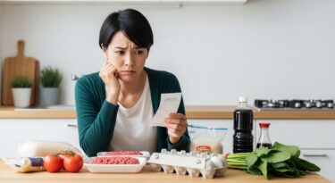 食費の高さに悩む日本人がキッチンで考えているイメージ
