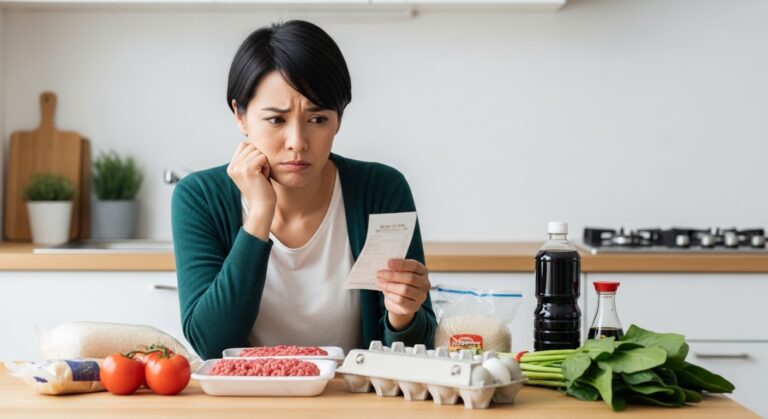 食費の高さに悩む日本人がキッチンで考えているイメージ