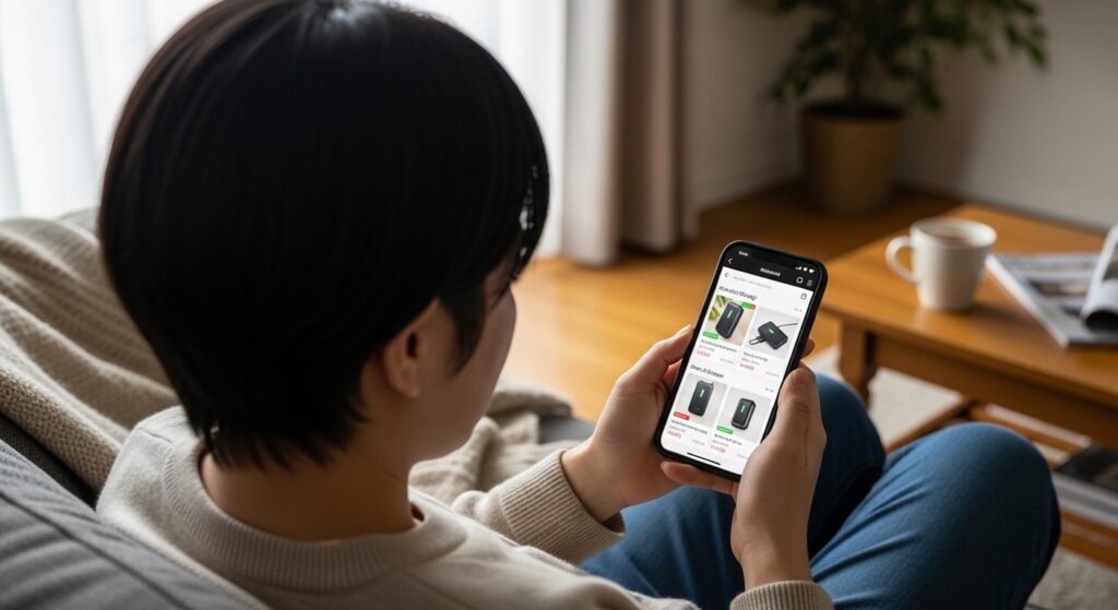 スマートフォンでモバイルバッテリーを比較して購入を検討しているイメージ