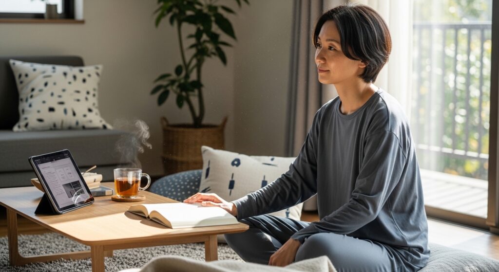 ReDリカバリーウェアを着て自宅でくつろぐ日常シーン