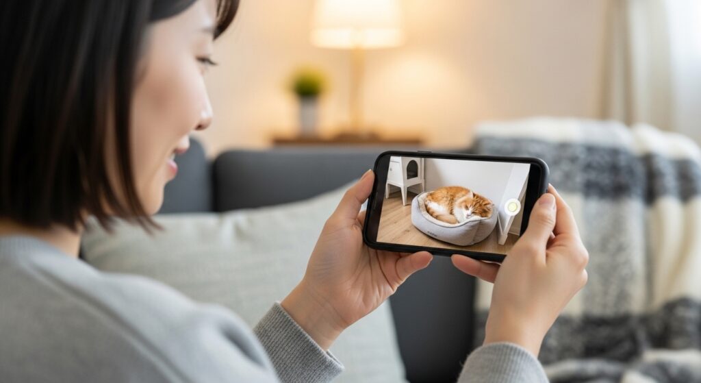 =防犯カメラでペットの様子をスマホで確認する日本人のイメージ