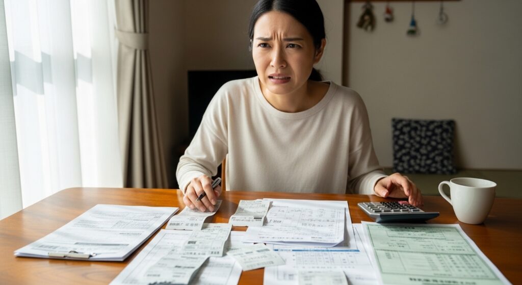 家計の支出が増えて請求書を見て悩む日本人のイメージ