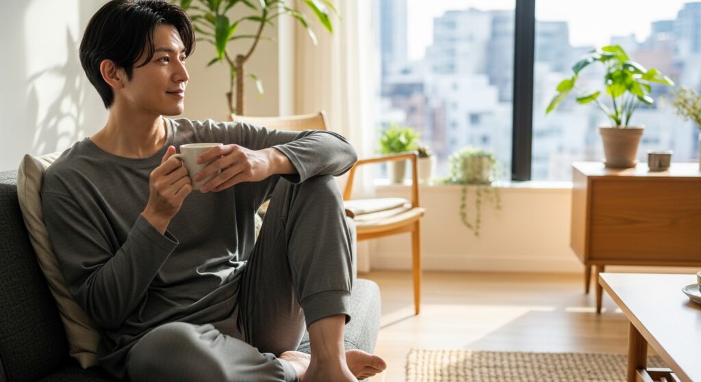 高級感のあるリカバリーウェアを着用した室内リラックスシーン