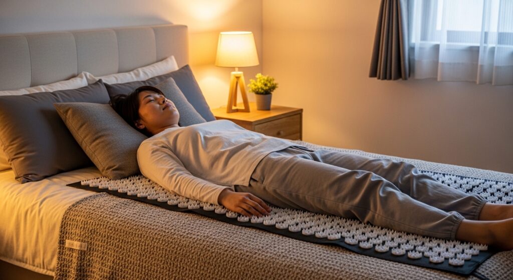 ベッドの上でシャクティマットを使うリラックスシーン