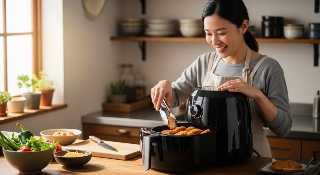 ノンフライヤーで料理を楽しむ日本人の調理シーン