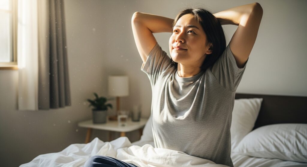 リカバリーウェアで朝すっきり目覚める健康的な生活イメージ