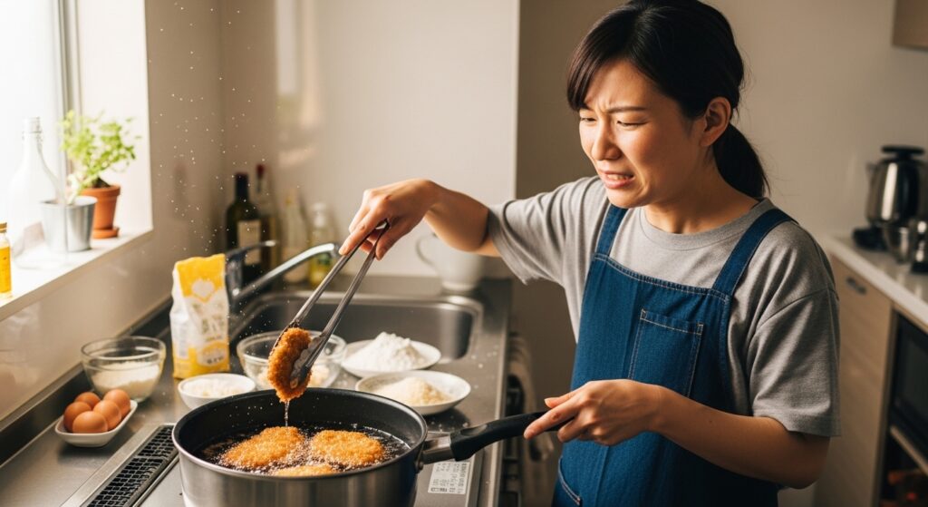 揚げ物調理で油はねに困る日本人のキッチンの様子