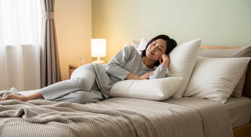 リカバリーウェアを着て自宅でリラックスする日本人のイメージ