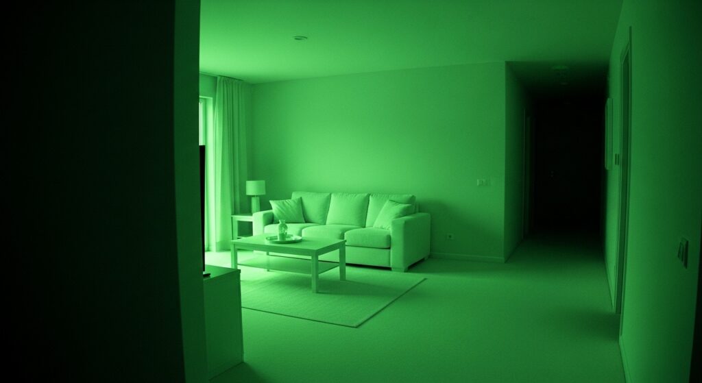 暗視機能で夜間の室内を監視する防犯カメラのイメージ