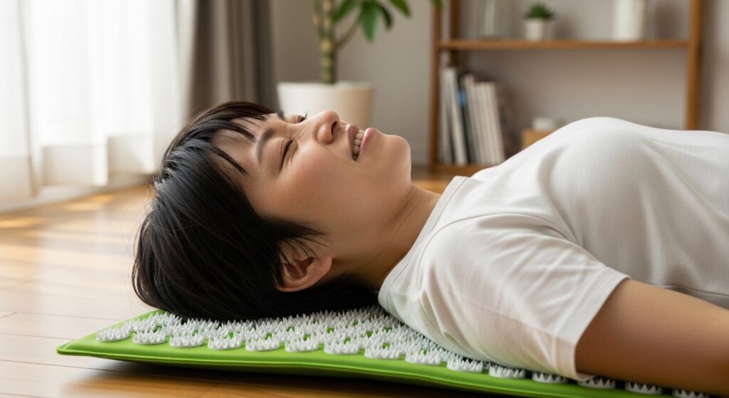 Tシャツを着てシャクティマットを使う初心者のイメージ