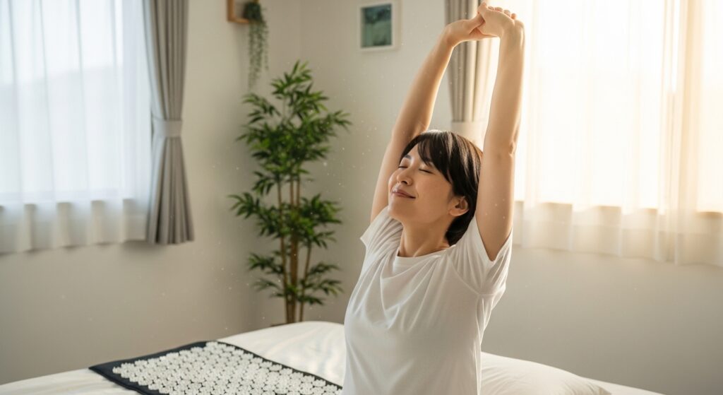 シャクティマットでリラックスして朝すっきり起きるイメージ