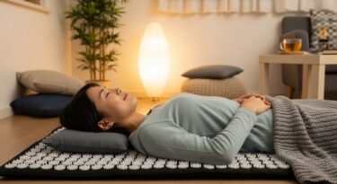 シャクティマットに寝てリラックスする日本人のイメージ