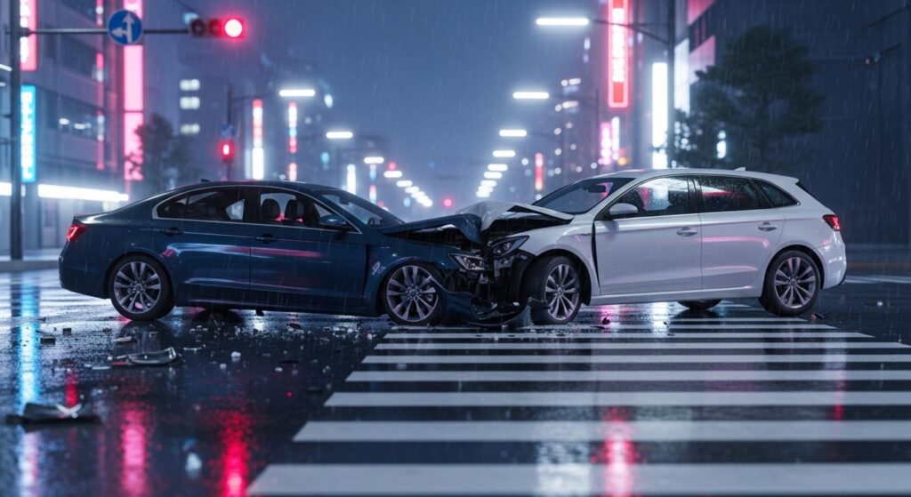 交通事故のリスクをイメージした車同士の衝突シーン