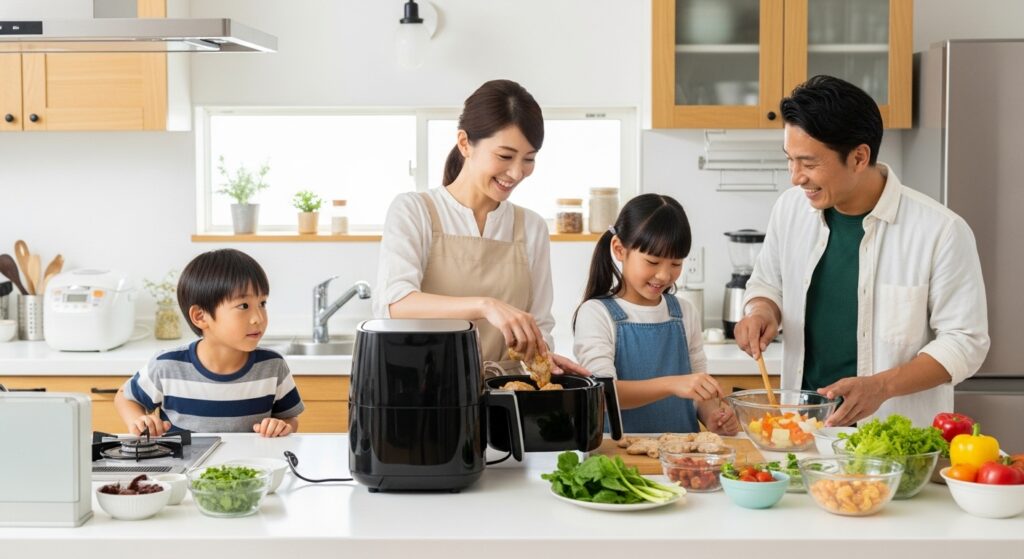 ノンフライヤーで安全に料理する日本の家庭の様子