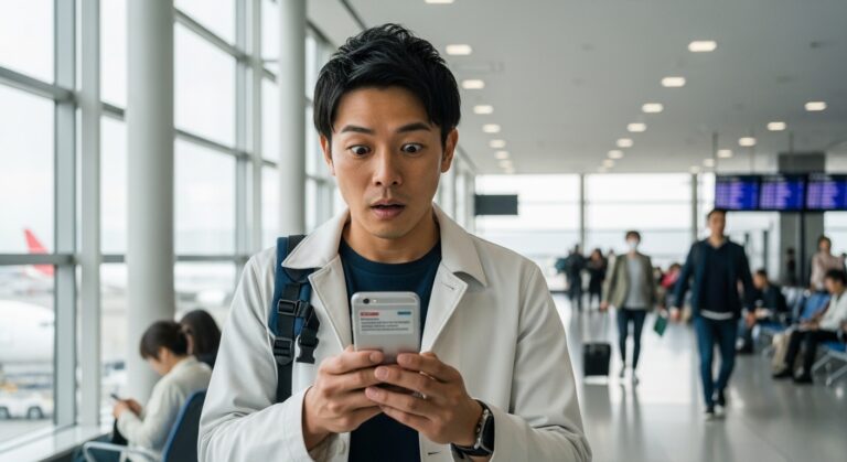 モバイルバッテリーの機内持ち込みルール変更のニュースをスマホで確認する日本人のイメージ