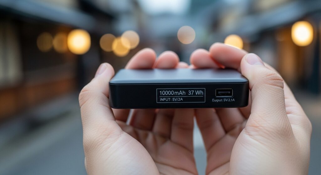 モバイルバッテリー本体の容量表示を確認している手元のイメージ