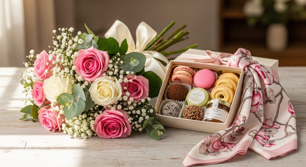 母の日の花とスイーツがセットになったギフトのイメージ