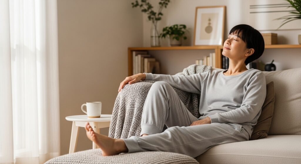 リカバリーウェアを着て室内でリラックスしている日本人の様子