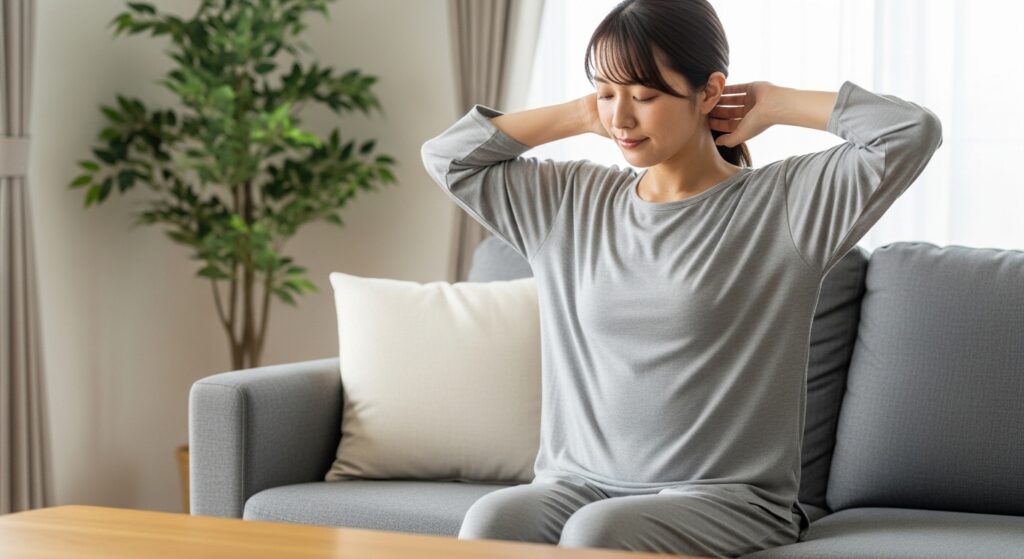 疲れた状態でリカバリーウェアを着て自宅で休む日本人のイメージ