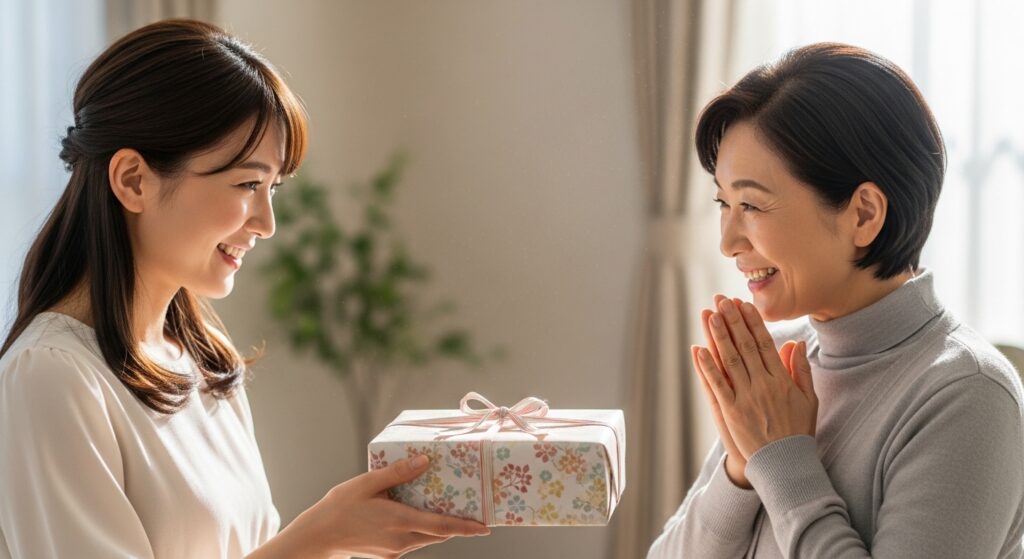 母の日にプレゼントを渡して感謝を伝える親子のイメージ