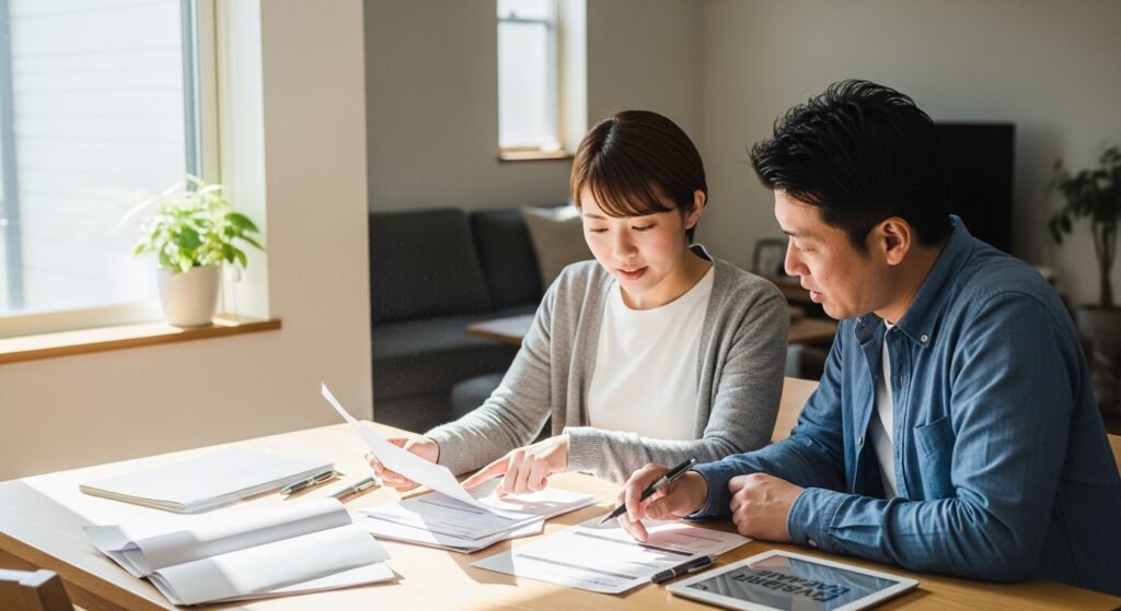 住宅の修理について家族で見積もりを相談している様子