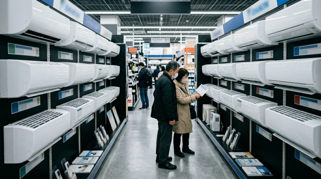 量販店でエアコンを比較するイメージ