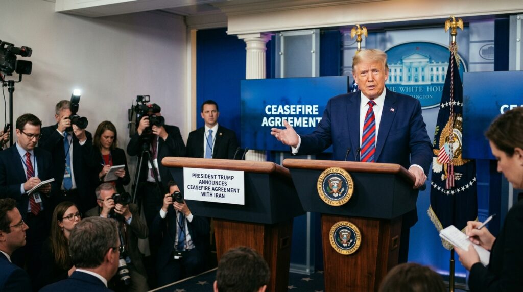 イランとの停戦合意について発表するトランプ大統領