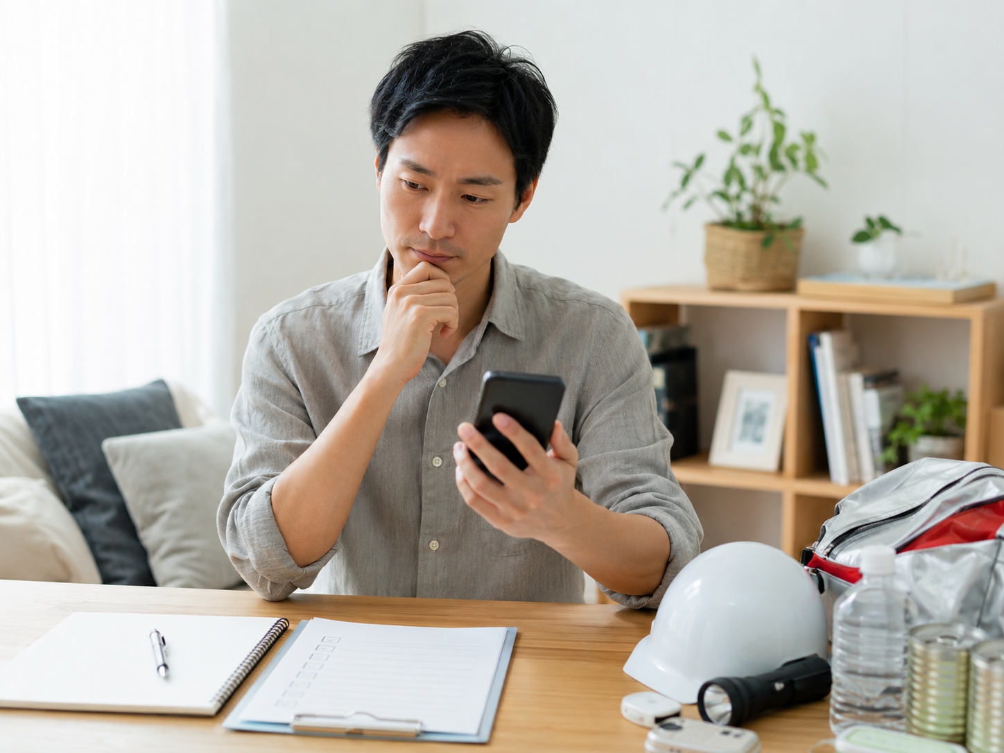 災害時になくて困ったものについてスマホで確認するイメージ