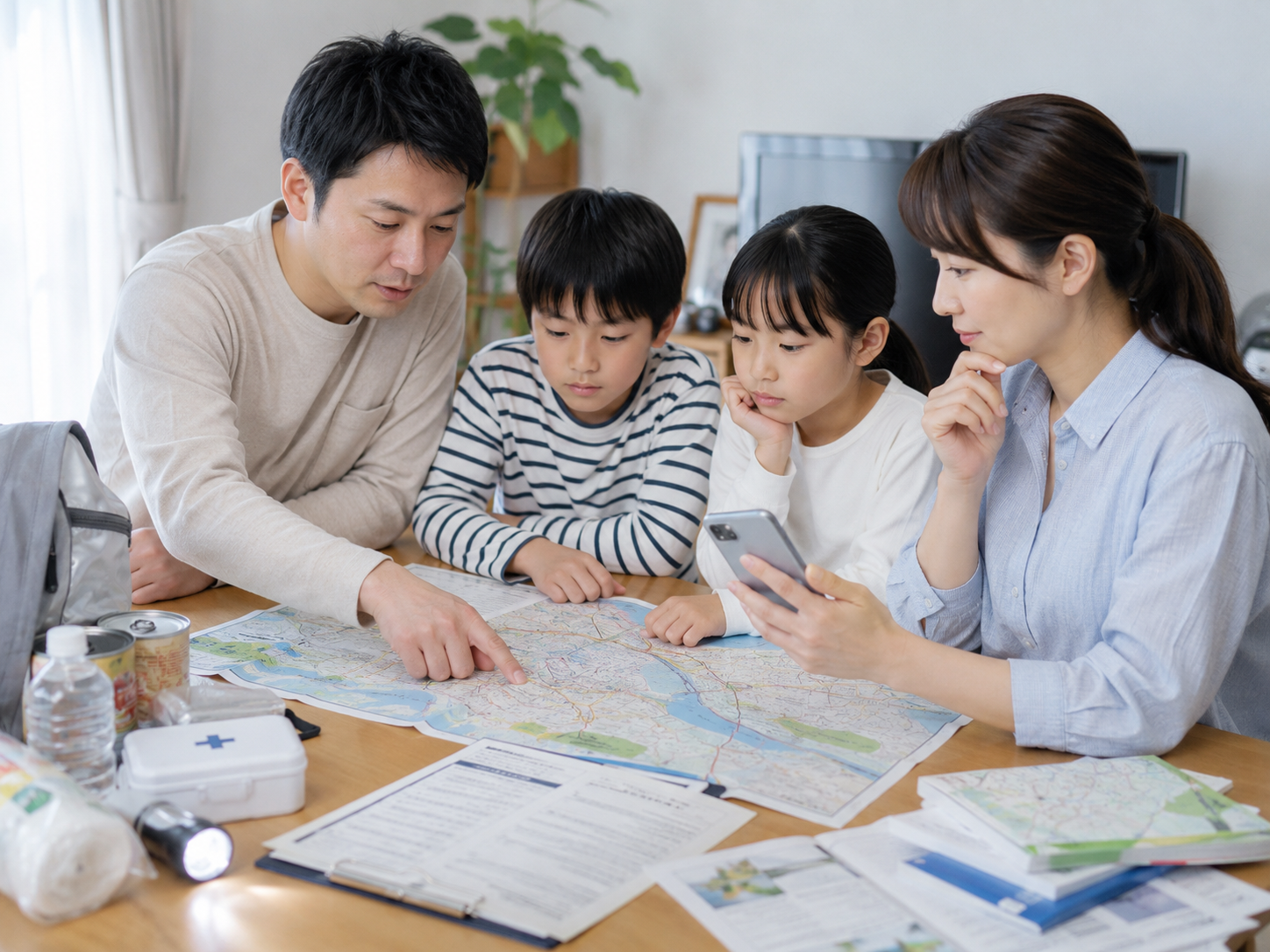 豪雨対策として情報と避難先を確認する家族