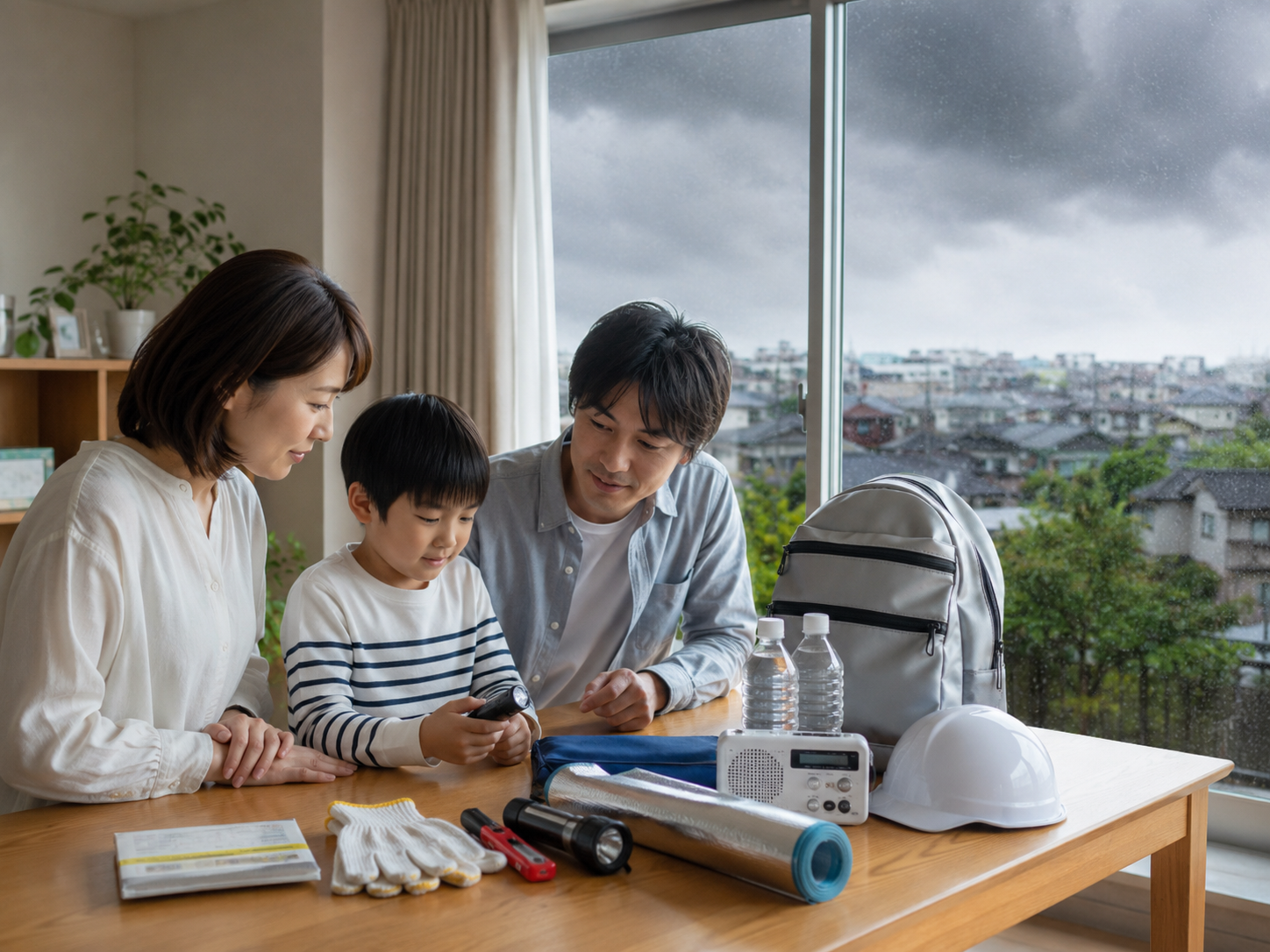 豪雨に備えて家族で防災準備をするイメージ