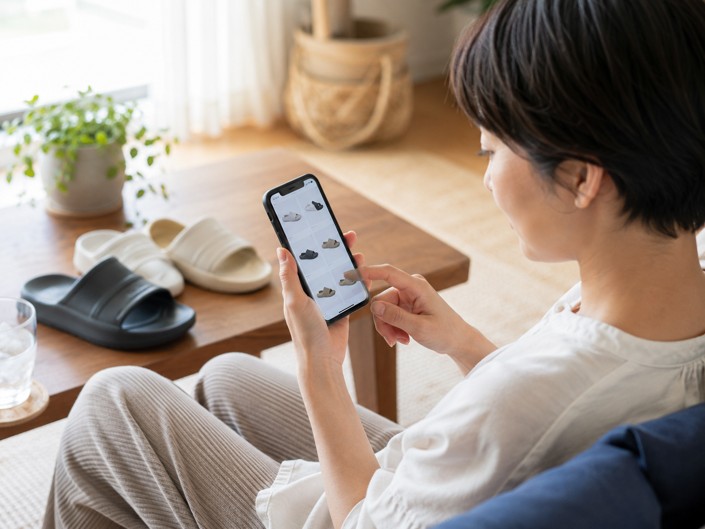 スマホでリカバリーサンダルを比較する人物のイメージ