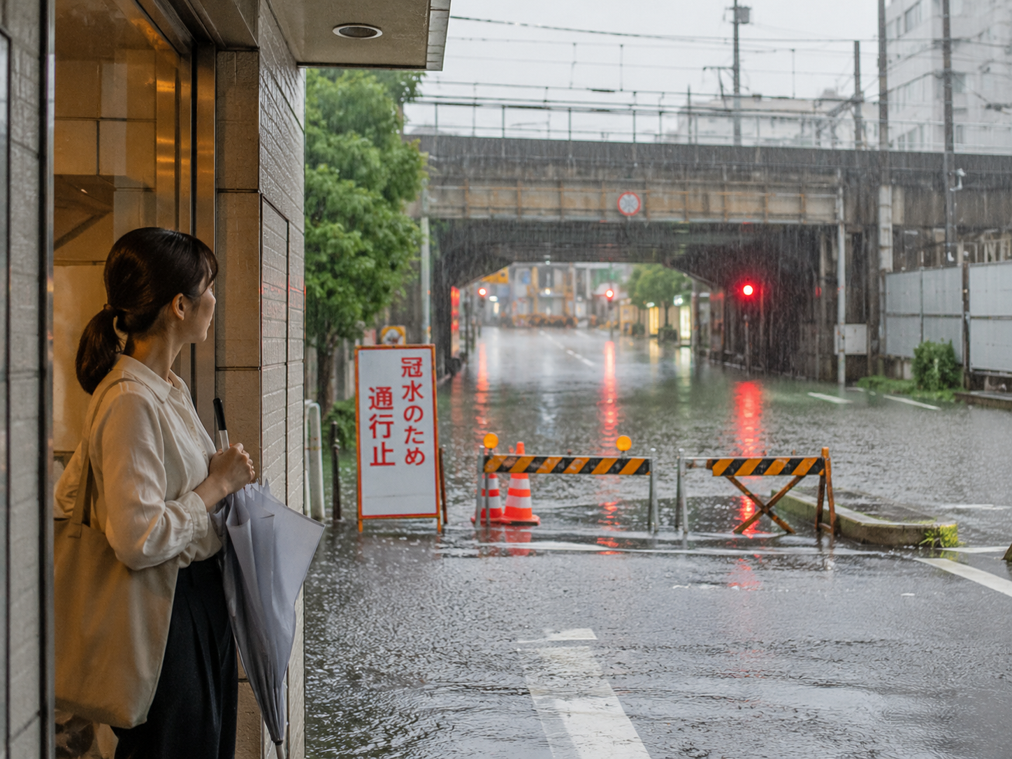 豪雨時に冠水した道路を避けるイメージ